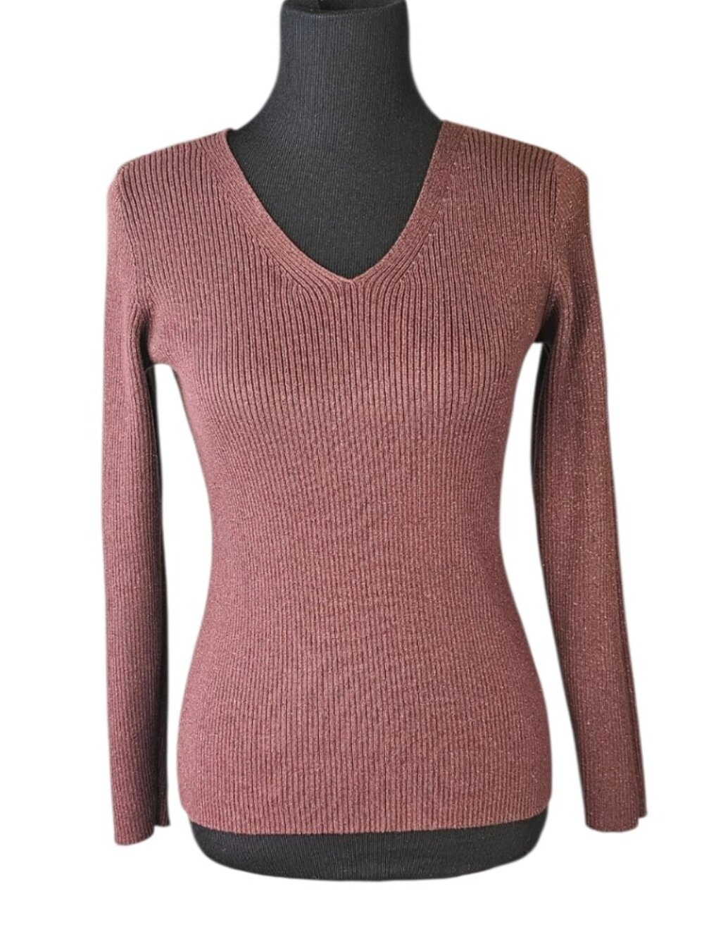 Vintage Casual Corner Burgundy Shimmer Ribbed Sweater Small 90s V-Neck
